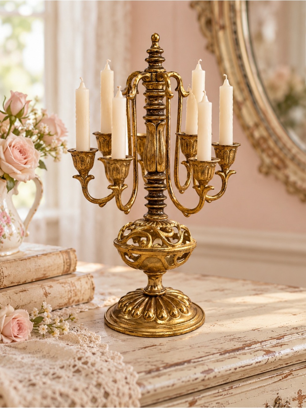 Gold Tone Ornate 6 Arm Candelabra Victorian Hollywood Regency Candle Holder